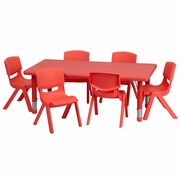 24''W X 48''L RECTANGULAR RED PLASTIC HEIGHT ADJUSTABLE ACTIVITY TABLE SET WITH 6 CHAIRS: <font color=green>FREE SHIPPING!</font>