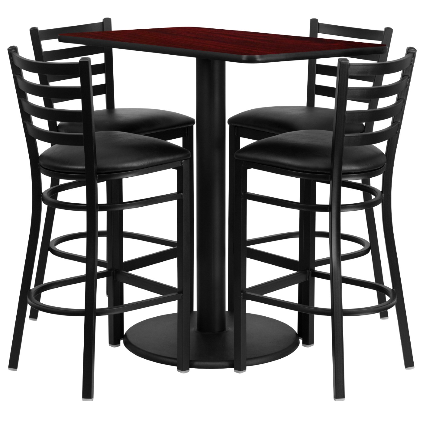 24'' X 42'' RECTANGULAR MAHOGANY LAMINATE TABLE SET WITH 4 LADDER BACK METAL BARSTOOLS - BLACK VINYL SEAT: <font color=green>FREE SHIPPING!</font> 24'' X 42'' RECTANGULAR MAHOGANY LAMINATE TABLE SET WITH 4 LADDER BACK METAL BARSTOOLS - BLACK VINYL SEAT: <font color=green>FREE SHIPPING!</font>