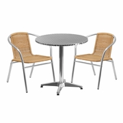 27.5'' ROUND ALUMINUM INDOOR-OUTDOOR TABLE SET WITH 2 BEIGE RATTAN CHAIRS: <font color=green>FREE SHIPPING!</font>