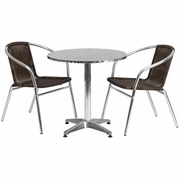 27.5'' ROUND ALUMINUM INDOOR-OUTDOOR TABLE SET WITH 2 DARK BROWN RATTAN CHAIRS: <font color=green>FREE SHIPPING!</font>