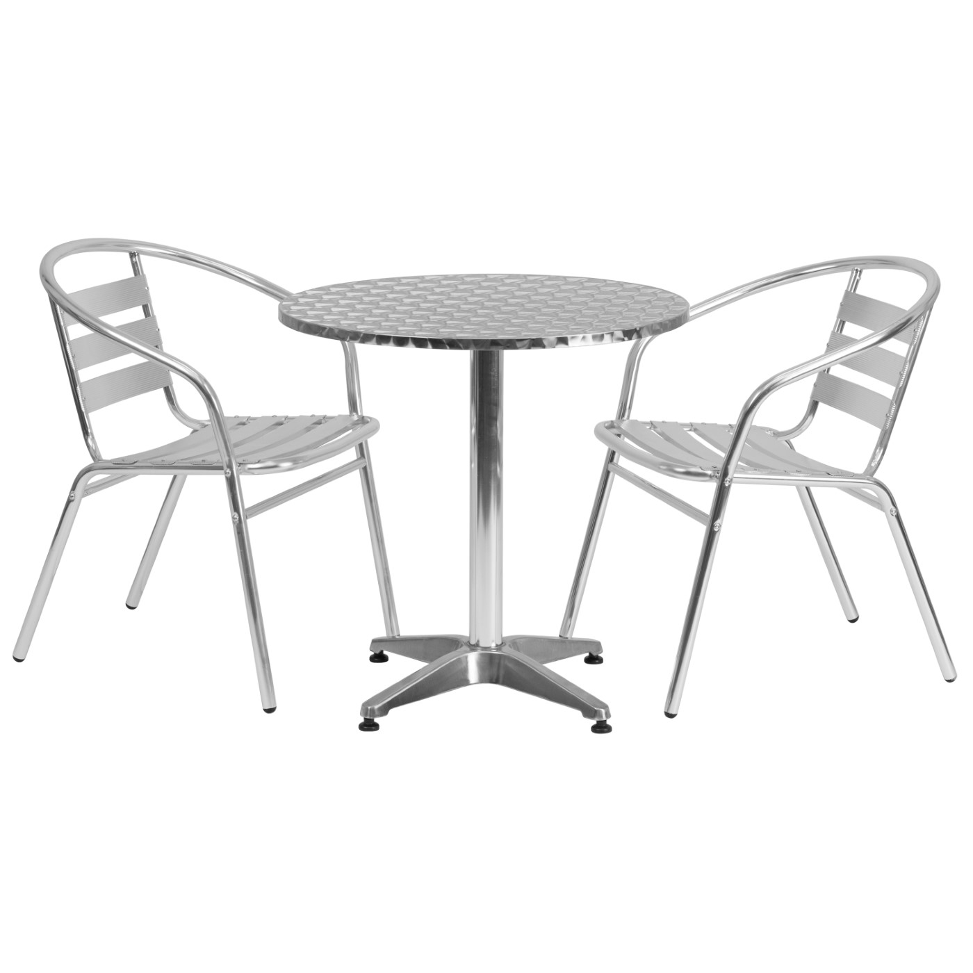 27.5'' ROUND ALUMINUM INDOOR-OUTDOOR TABLE SET WITH 2 SLAT BACK CHAIRS: <font color=green>FREE SHIPPING!</font> 27.5'' ROUND ALUMINUM INDOOR-OUTDOOR TABLE SET WITH 2 SLAT BACK CHAIRS: <font color=green>FREE SHIPPING!</font>