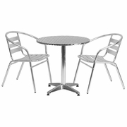 27.5'' ROUND ALUMINUM INDOOR-OUTDOOR TABLE SET WITH 2 SLAT BACK CHAIRS: <font color=green>FREE SHIPPING!</font> 27.5'' ROUND ALUMINUM INDOOR-OUTDOOR TABLE SET WITH 2 SLAT BACK CHAIRS: <font color=green>FREE SHIPPING!</font>