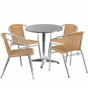 27.5'' ROUND ALUMINUM INDOOR-OUTDOOR TABLE SET WITH 4 BEIGE RATTAN CHAIRS: <font color=green>FREE SHIPPING!</font>
