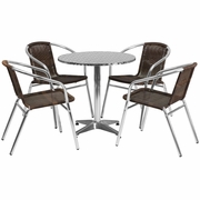27.5'' ROUND ALUMINUM INDOOR-OUTDOOR TABLE SET WITH 4 DARK BROWN RATTAN CHAIRS: <font color=green>FREE SHIPPING!</font>
