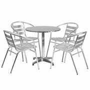 27.5'' ROUND ALUMINUM INDOOR-OUTDOOR TABLE SET WITH 4 SLAT BACK CHAIRS: <font color=green>FREE SHIPPING!</font>