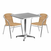 27.5'' SQUARE ALUMINUM INDOOR-OUTDOOR TABLE SET WITH 2 BEIGE RATTAN CHAIRS: <font color=green>FREE SHIPPING!</font>