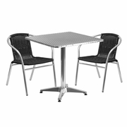 27.5'' SQUARE ALUMINUM INDOOR-OUTDOOR TABLE SET WITH 2 BLACK RATTAN CHAIRS: <font color=green>FREE SHIPPING!</font>