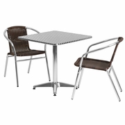27.5'' SQUARE ALUMINUM INDOOR-OUTDOOR TABLE SET WITH 2 DARK BROWN RATTAN CHAIRS: <font color=green>FREE SHIPPING!</font>