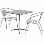 27.5'' SQUARE ALUMINUM INDOOR-OUTDOOR TABLE SET WITH 2 SLAT BACK CHAIRS: <font color=green>FREE SHIPPING!</font>