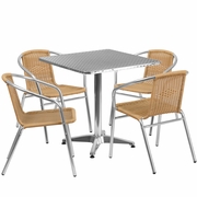 27.5'' SQUARE ALUMINUM INDOOR-OUTDOOR TABLE SET WITH 4 BEIGE RATTAN CHAIRS: <font color=green>FREE SHIPPING!</font>