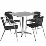 27.5'' SQUARE ALUMINUM INDOOR-OUTDOOR TABLE SET WITH 4 BLACK RATTAN CHAIRS: <font color=green>FREE SHIPPING!</font>