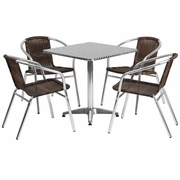 27.5'' SQUARE ALUMINUM INDOOR-OUTDOOR TABLE SET WITH 4 DARK BROWN RATTAN CHAIRS: <font color=green>FREE SHIPPING!</font>