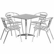 27.5'' SQUARE ALUMINUM INDOOR-OUTDOOR TABLE SET WITH 4 SLAT BACK CHAIRS: <font color=green>FREE SHIPPING!</font>