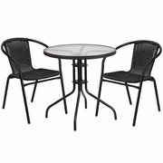 28'' ROUND GLASS METAL TABLE WITH BLACK RATTAN EDGING AND 2 BLACK RATTAN STACK CHAIRS: <font color=green>FREE SHIPPING!</font>