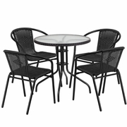 28'' ROUND GLASS METAL TABLE WITH BLACK RATTAN EDGING AND 4 BLACK RATTAN STACK CHAIRS: <font color=green>FREE SHIPPING!</font>