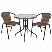 28'' ROUND GLASS METAL TABLE WITH DARK BROWN RATTAN EDGING AND 2 DARK BROWN RATTAN STACK CHAIRS: <font color=green>FREE SHIPPING!</font>