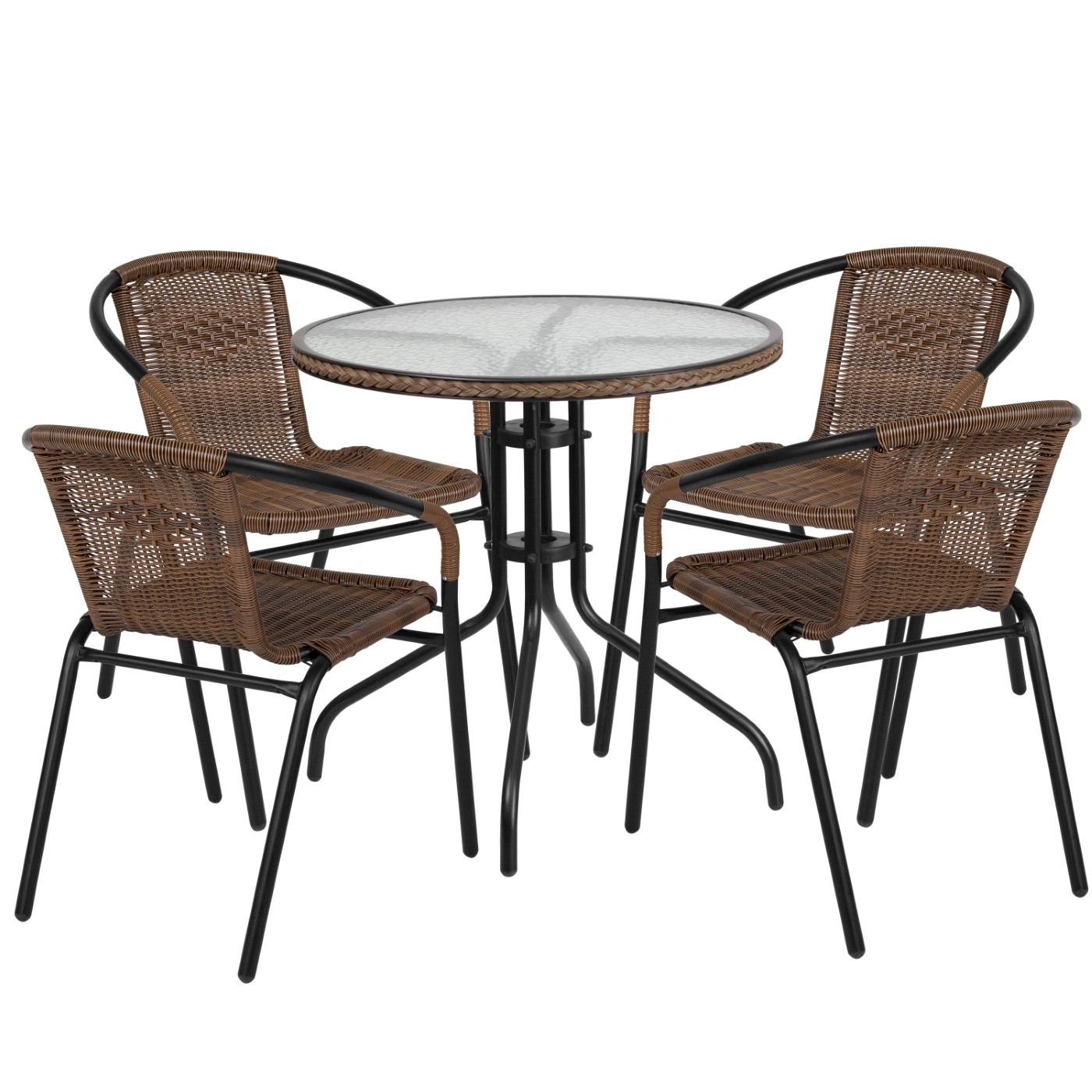 28'' ROUND GLASS METAL TABLE WITH DARK BROWN RATTAN EDGING AND 4 DARK BROWN RATTAN STACK CHAIRS: <font color=green>FREE SHIPPING!</font> 28'' ROUND GLASS METAL TABLE WITH DARK BROWN RATTAN EDGING AND 4 DARK BROWN RATTAN STACK CHAIRS: <font color=green>FREE SHIPPING!</font>