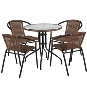 28'' ROUND GLASS METAL TABLE WITH DARK BROWN RATTAN EDGING AND 4 DARK BROWN RATTAN STACK CHAIRS: <font color=green>FREE SHIPPING!</font>