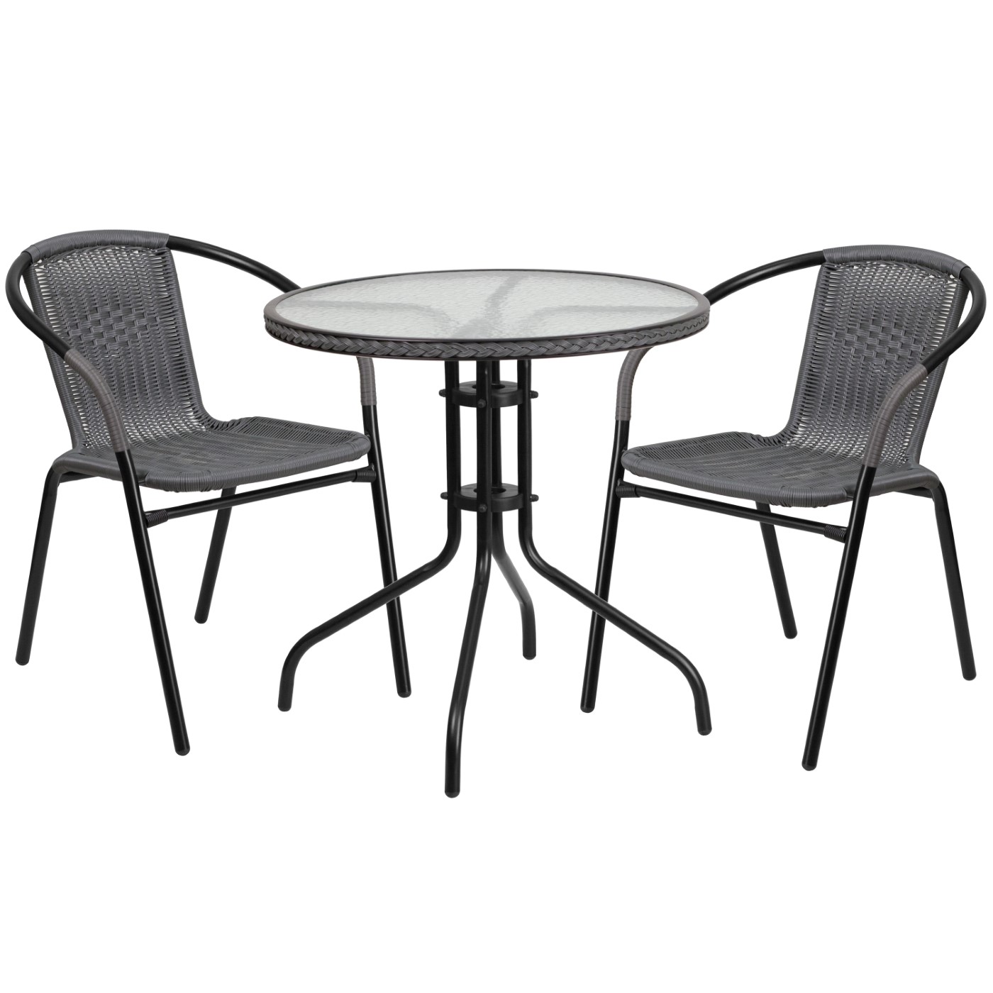 28'' ROUND GLASS METAL TABLE WITH GRAY RATTAN EDGING AND 2 GRAY RATTAN STACK CHAIRS: <font color=green>FREE SHIPPING!</font> 28'' ROUND GLASS METAL TABLE WITH GRAY RATTAN EDGING AND 2 GRAY RATTAN STACK CHAIRS: <font color=green>FREE SHIPPING!</font>