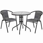 28'' ROUND GLASS METAL TABLE WITH GRAY RATTAN EDGING AND 2 GRAY RATTAN STACK CHAIRS: <font color=green>FREE SHIPPING!</font>