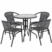 28'' ROUND GLASS METAL TABLE WITH GRAY RATTAN EDGING AND 4 GRAY RATTAN STACK CHAIRS: <font color=green>FREE SHIPPING!</font>
