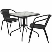 28'' SQUARE GLASS METAL TABLE WITH BLACK RATTAN EDGING AND 2 BLACK RATTAN STACK CHAIRS: <font color=green>FREE SHIPPING!</font>