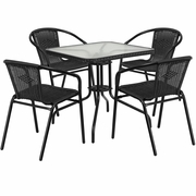 28'' SQUARE GLASS METAL TABLE WITH BLACK RATTAN EDGING AND 4 BLACK RATTAN STACK CHAIRS: <font color=green>FREE SHIPPING!</font> 28'' SQUARE GLASS METAL TABLE WITH BLACK RATTAN EDGING AND 4 BLACK RATTAN STACK CHAIRS: <font color=green>FREE SHIPPING!</font>