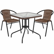 28'' SQUARE GLASS METAL TABLE WITH DARK BROWN RATTAN EDGING AND 2 DARK BROWN RATTAN STACK CHAIRS: <font color=green>FREE SHIPPING!</font> 28'' SQUARE GLASS METAL TABLE WITH DARK BROWN RATTAN EDGING AND 2 DARK BROWN RATTAN STACK CHAIRS: <font color=green>FREE SHIPPING!</font>