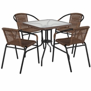 28'' SQUARE GLASS METAL TABLE WITH DARK BROWN RATTAN EDGING AND 4 DARK BROWN RATTAN STACK CHAIRS: <font color=green>FREE SHIPPING!</font> 28'' SQUARE GLASS METAL TABLE WITH DARK BROWN RATTAN EDGING AND 4 DARK BROWN RATTAN STACK CHAIRS: <font color=green>FREE SHIPPING!</font>