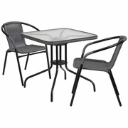 28'' SQUARE GLASS METAL TABLE WITH GRAY RATTAN EDGING AND 2 GRAY RATTAN STACK CHAIRS: <font color=green>FREE SHIPPING!</font>
