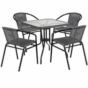 28'' SQUARE GLASS METAL TABLE WITH GRAY RATTAN EDGING AND 4 GRAY RATTAN STACK CHAIRS: <font color=green>FREE SHIPPING!</font>