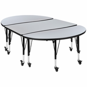 3 PIECE MOBILE 76" OVAL WAVE FLEXIBLE GREY THERMAL LAMINATE ACTIVITY TABLE SET - HEIGHT ADJUSTABLE SHORT LEGS <font color=green>FREE SHIPPING!</font>