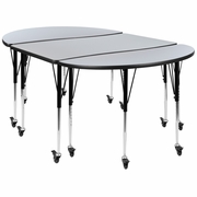 3 PIECE MOBILE 76" OVAL WAVE FLEXIBLE GREY THERMAL LAMINATE ACTIVITY TABLE SET-STANDARD HEIGHT ADJUSTABLE LEGS <font color=green>FREE SHIPPING!</font>