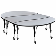3 PIECE MOBILE 86" OVAL WAVE FLEXIBLE GREY THERMAL LAMINATE ACTIVITY TABLE SET - HEIGHT ADJUSTABLE SHORT LEGS <font color=green>FREE SHIPPING!</font>