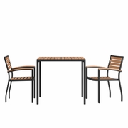 3 PIECE OUTDOOR DINING TABLE SET - SYNTHETIC TEAK POLY SLATS - 35" SQUARE STEEL FRAMED TABLE WITH UMBRELLA HOLE - 2 CLUB CHAIRS <font color=green>FREE SHIPPING!</font>