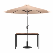 3 PIECE OUTDOOR PATIO TABLE SET - 30" X 48" SQUARE SYNTHETIC TEAK PATIO TABLE WITH TAN UMBRELLA AND BASE <font color=green>FREE SHIPPING!</font>