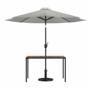 3 PIECE OUTDOOR PATIO TABLE SET - 30" X 48" SYNTHETIC TEAK PATIO TABLE WITH GRAY UMBRELLA AND BASE <font color=green>FREE SHIPPING!</font>