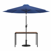 3 PIECE OUTDOOR PATIO TABLE SET - 30" X 48" SYNTHETIC TEAK PATIO TABLE WITH NAVY UMBRELLA AND BASE <font color=green>FREE SHIPPING!</font>