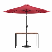 3 PIECE OUTDOOR PATIO TABLE SET - 30" X 48" SYNTHETIC TEAK PATIO TABLE WITH RED UMBRELLA AND BASE <font color=green>FREE SHIPPING!</font>