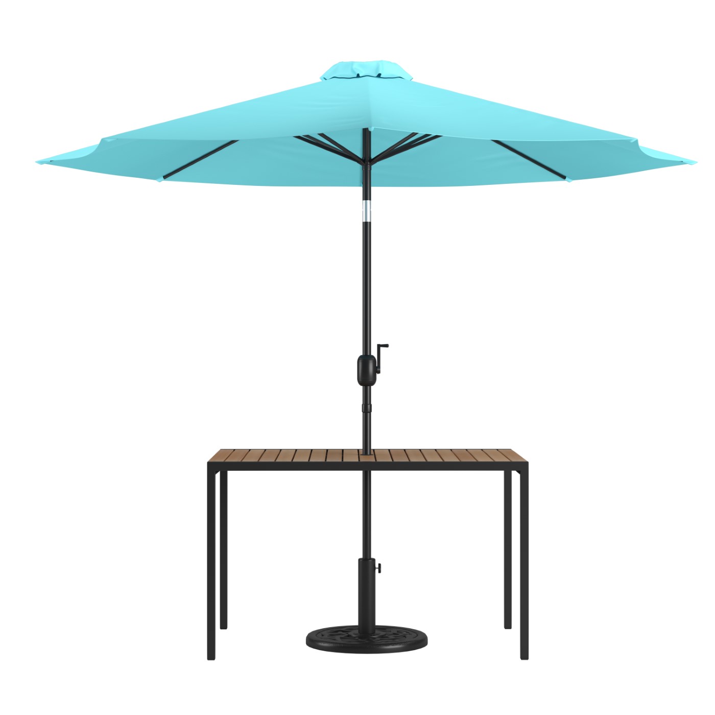 3 PIECE OUTDOOR PATIO TABLE SET - 30" X 48" SYNTHETIC TEAK PATIO TABLE WITH TEAL UMBRELLA AND BASE <font color=green>FREE SHIPPING!</font> 3 PIECE OUTDOOR PATIO TABLE SET - 30" X 48" SYNTHETIC TEAK PATIO TABLE WITH TEAL UMBRELLA AND BASE <font color=green>FREE SHIPPING!</font>