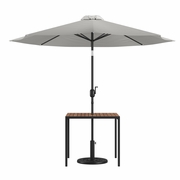 3 PIECE OUTDOOR PATIO TABLE SET - 35" SQUARE SYNTHETIC TEAK PATIO TABLE WITH GRAY UMBRELLA AND BASE <font color=green>FREE SHIPPING!</font>