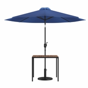 3 PIECE OUTDOOR PATIO TABLE SET - 35" SQUARE SYNTHETIC TEAK PATIO TABLE WITH NAVY UMBRELLA AND BASE <font color=green>FREE SHIPPING!</font>