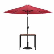 3 PIECE OUTDOOR PATIO TABLE SET - 35" SQUARE SYNTHETIC TEAK PATIO TABLE WITH RED UMBRELLA AND BASE <font color=green>FREE SHIPPING!</font>
