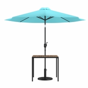 3 PIECE OUTDOOR PATIO TABLE SET - 35" SQUARE SYNTHETIC TEAK PATIO TABLE WITH TEAL UMBRELLA AND BASE <font color=green>FREE SHIPPING!</font>