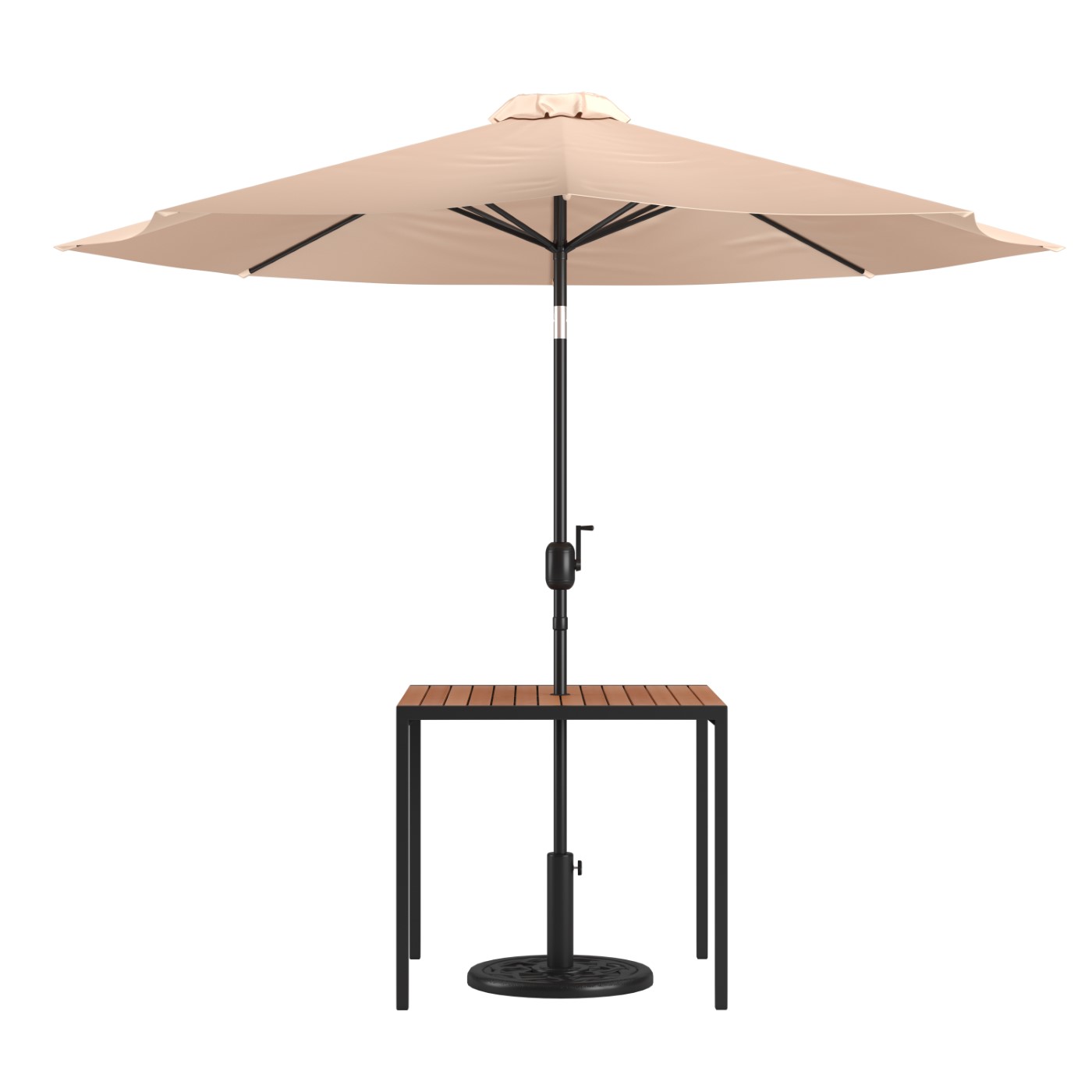 3 PIECE OUTDOOR PATIO TABLE SET - 35" SQUARE SYNTHETIC TEAK PATIO TABLE WITH UMBRELLA HOLE AND TAN UMBRELLA WITH BASE <font color=green>FREE SHIPPING!</font> 3 PIECE OUTDOOR PATIO TABLE SET - 35" SQUARE SYNTHETIC TEAK PATIO TABLE WITH UMBRELLA HOLE AND TAN UMBRELLA WITH BASE <font color=green>FREE SHIPPING!</font>