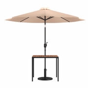 3 PIECE OUTDOOR PATIO TABLE SET - 35" SQUARE SYNTHETIC TEAK PATIO TABLE WITH UMBRELLA HOLE AND TAN UMBRELLA WITH BASE <font color=green>FREE SHIPPING!</font>