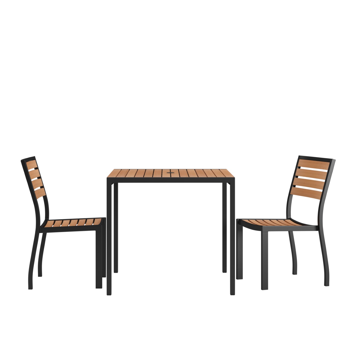 3 PIECE PATIO TABLE SET - SYNTHETIC TEAK POLY SLATS - 35" SQUARE STEEL FRAMED TABLE WITH 2 STACKABLE FAUX TEAK CHAIRS <font color=green>FREE SHIPPING!</font> 3 PIECE PATIO TABLE SET - SYNTHETIC TEAK POLY SLATS - 35" SQUARE STEEL FRAMED TABLE WITH 2 STACKABLE FAUX TEAK CHAIRS <font color=green>FREE SHIPPING!</font>