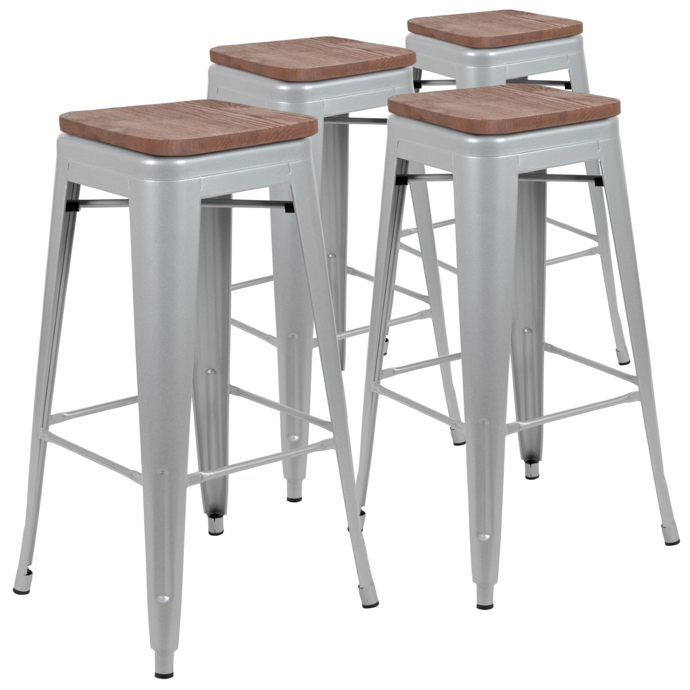30" HIGH METAL INDOOR BAR STOOL WITH WOOD SEAT IN SILVER - STACKABLE SET OF 4: <font color=green>FREE SHIPPING!</font> 30" HIGH METAL INDOOR BAR STOOL WITH WOOD SEAT IN SILVER - STACKABLE SET OF 4: <font color=green>FREE SHIPPING!</font>
