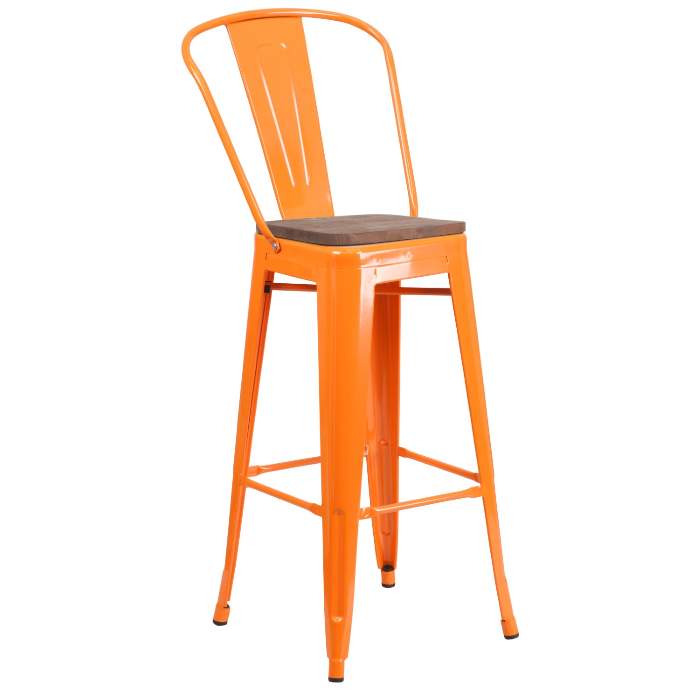 30" HIGH ORANGE METAL BARSTOOL WITH BACK AND WOOD SEAT: <font color=green>FREE SHIPPING!</font> 30" HIGH ORANGE METAL BARSTOOL WITH BACK AND WOOD SEAT: <font color=green>FREE SHIPPING!</font>