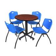 30 IN. ROUND X-BASE BREAKROOM TABLE- CHERRY, 4 M STACK CHAIRS- BLUE <FONT COLOR=GREEN>-FREE SHIPPING-</FONT>
